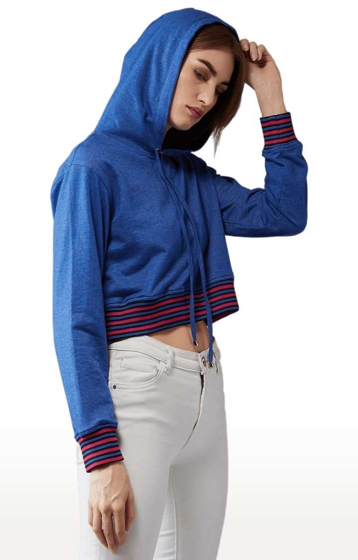 Women's Azure Blue Cotton Solid Sweatshirt