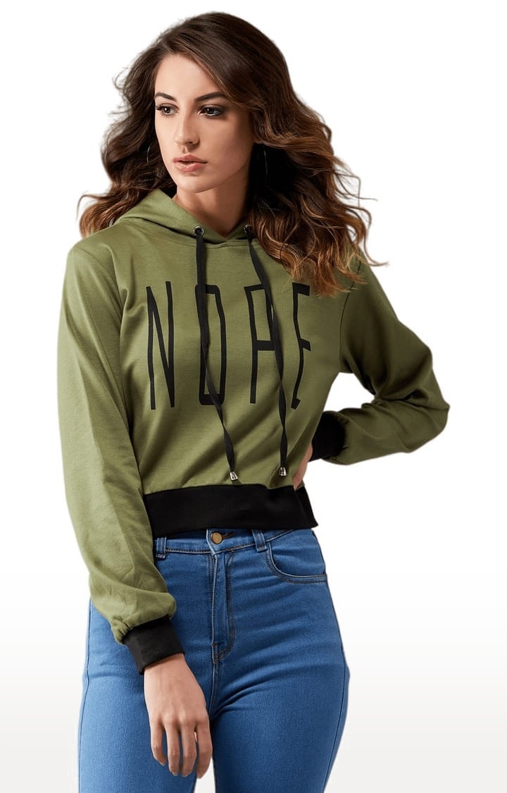 Women's Olive Green Cotton Typographic Sweatshirt
