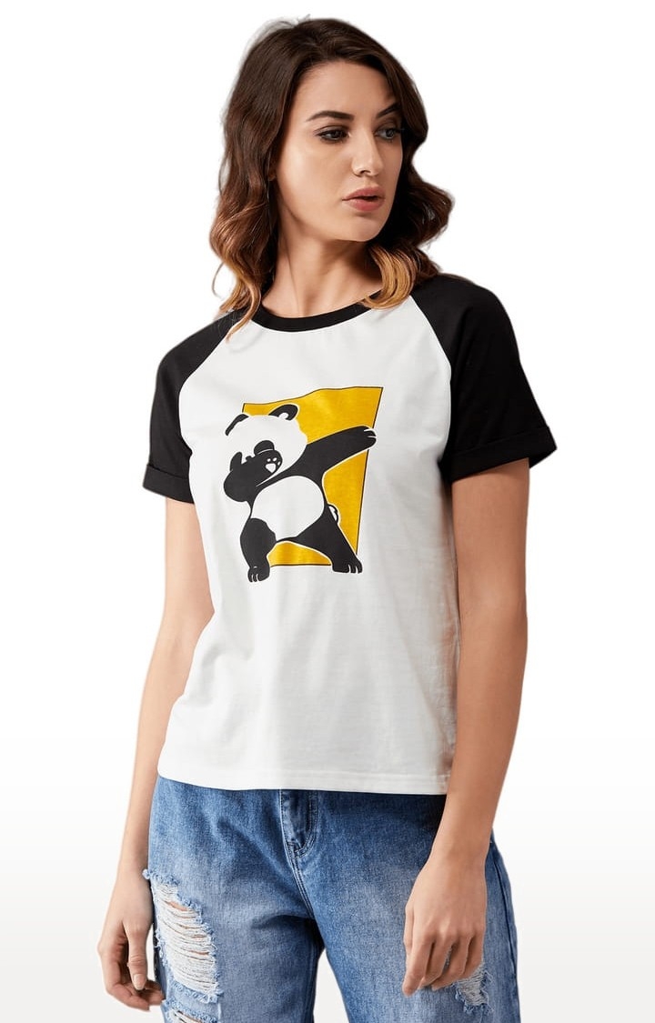 Women's Black and White Cotton Printed Regular T-Shirt