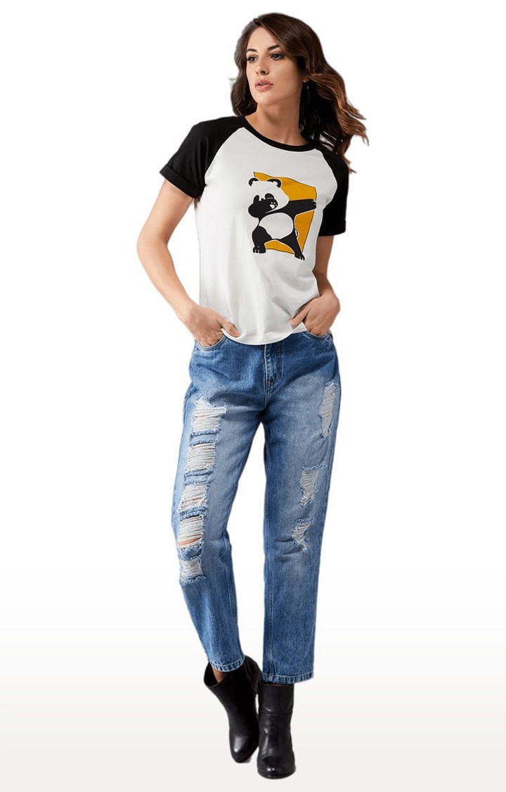 Women's Black and White Cotton Printed Regular T-Shirt