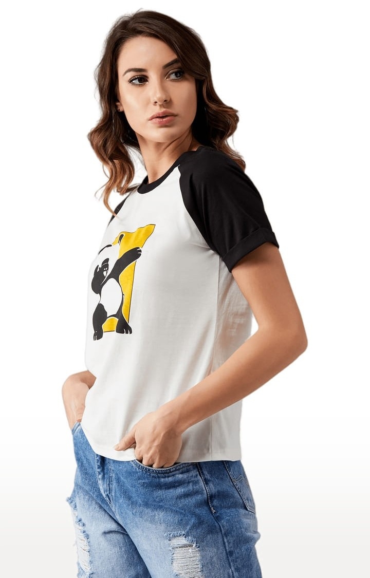 Women's Black and White Cotton Printed Regular T-Shirt