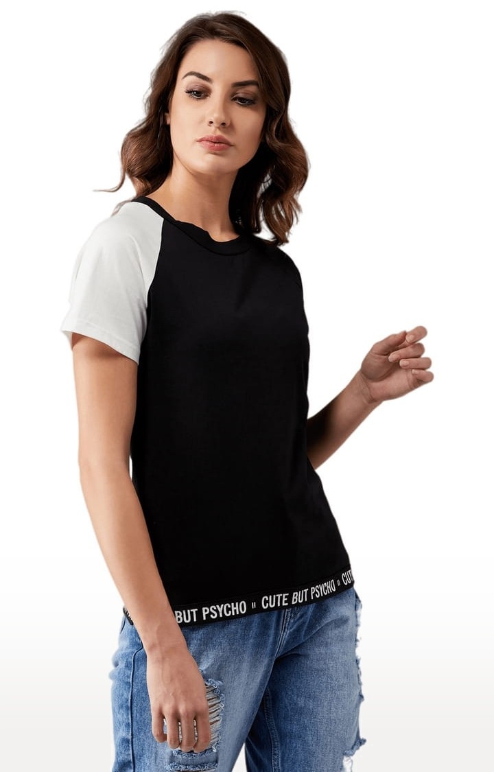 Women's Black and White Cotton Solid Regular T-Shirt