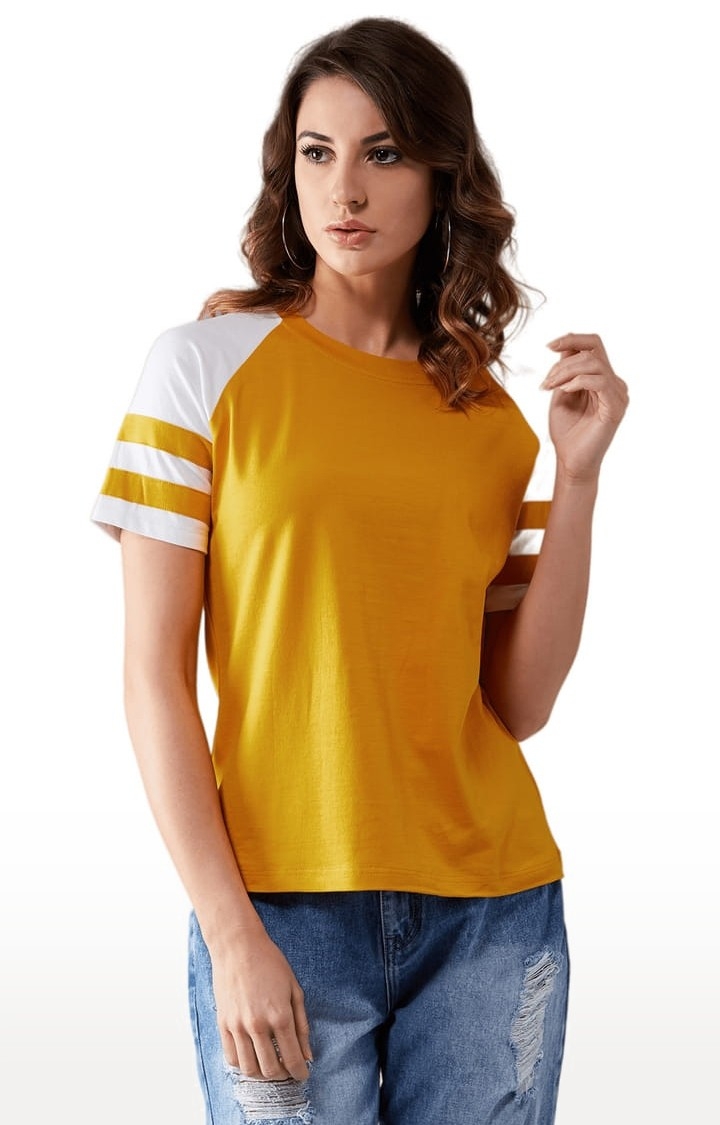 Dolce Crudo | Women's Mustard and white Cotton Solid Regular T-Shirt