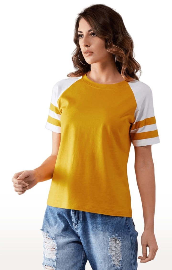 Women's Mustard and white Cotton Solid Regular T-Shirt