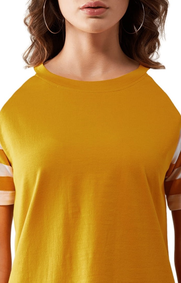 Women's Mustard and white Cotton Solid Regular T-Shirt