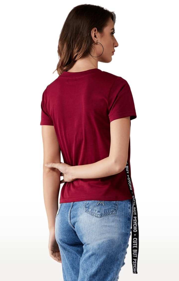 Women's Maroon Cotton Typographic Regular T-Shirt