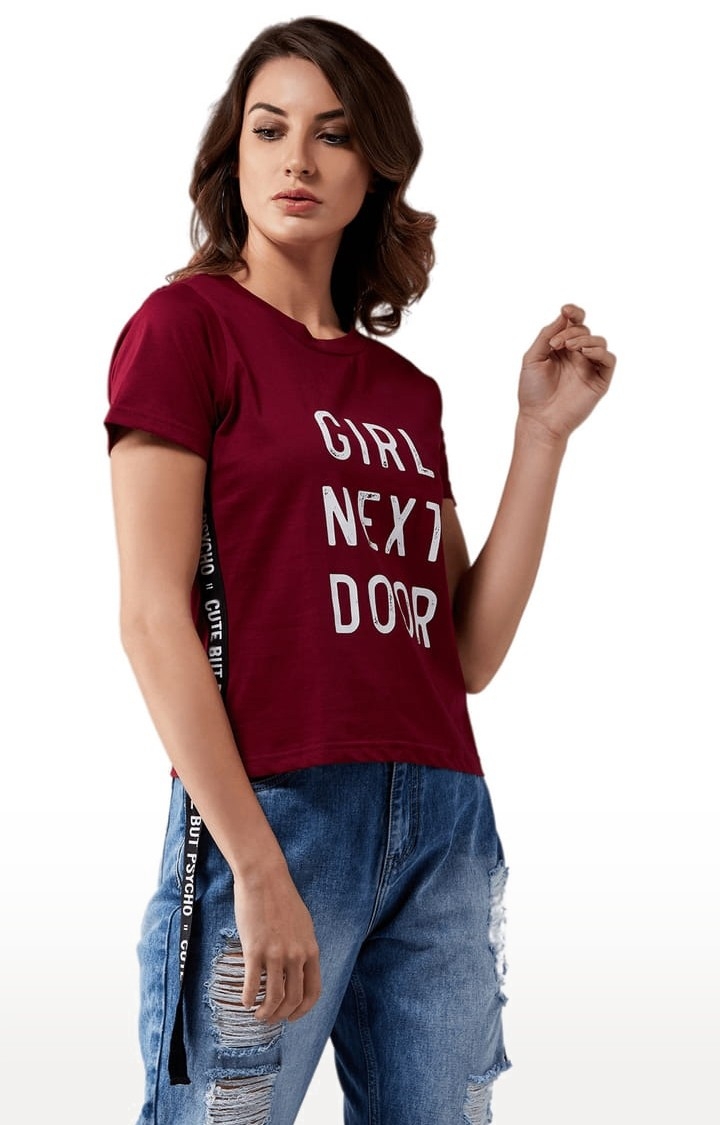 Women's Maroon Cotton Typographic Regular T-Shirt