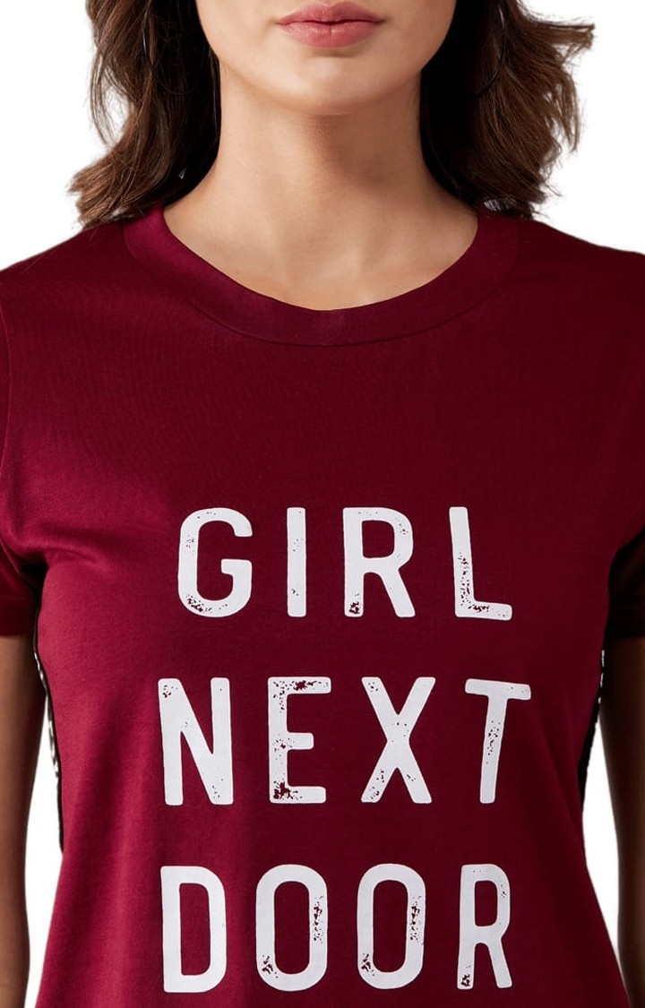 Women's Maroon Cotton Typographic Regular T-Shirt