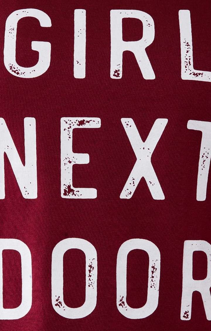 Women's Maroon Cotton Typographic Regular T-Shirt