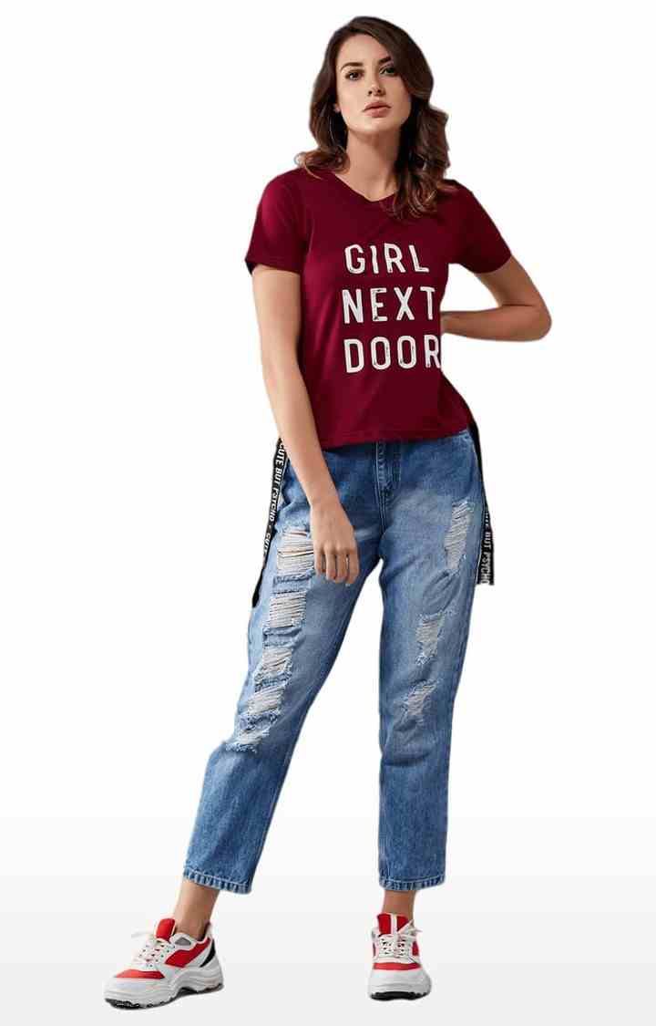 Women's Maroon Cotton Typographic Regular T-Shirt