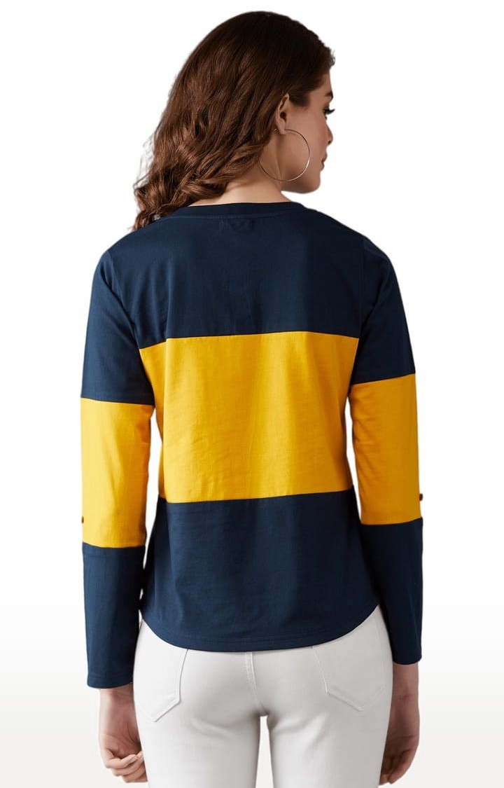 Dolce Crudo | Women's Navy Blue and Mustard Cotton Colourblock Regular T-Shirt 4