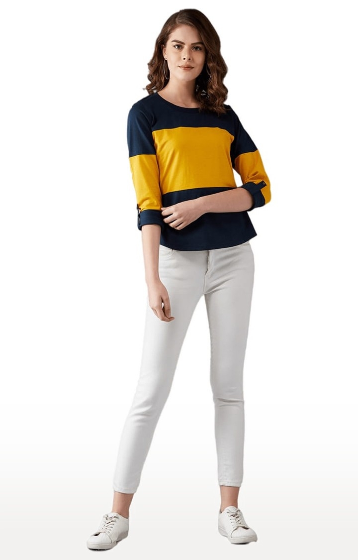 Dolce Crudo | Women's Navy Blue and Mustard Cotton Colourblock Regular T-Shirt 1