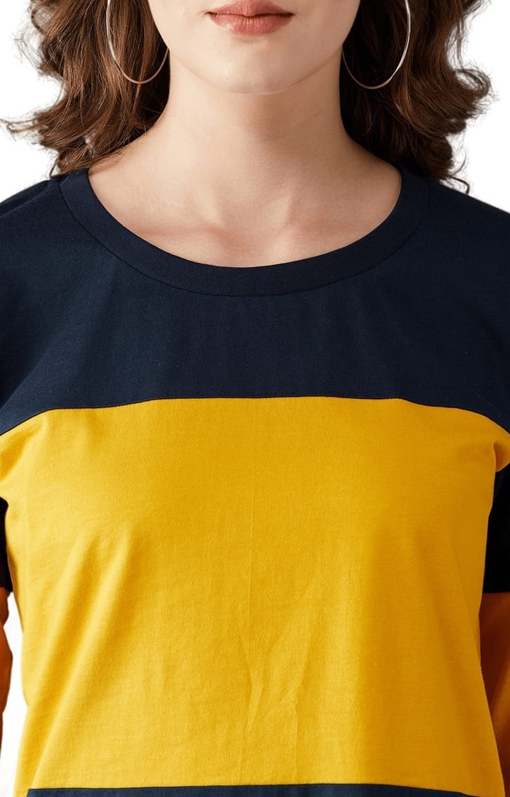 Dolce Crudo | Women's Navy Blue and Mustard Cotton Colourblock Regular T-Shirt 5
