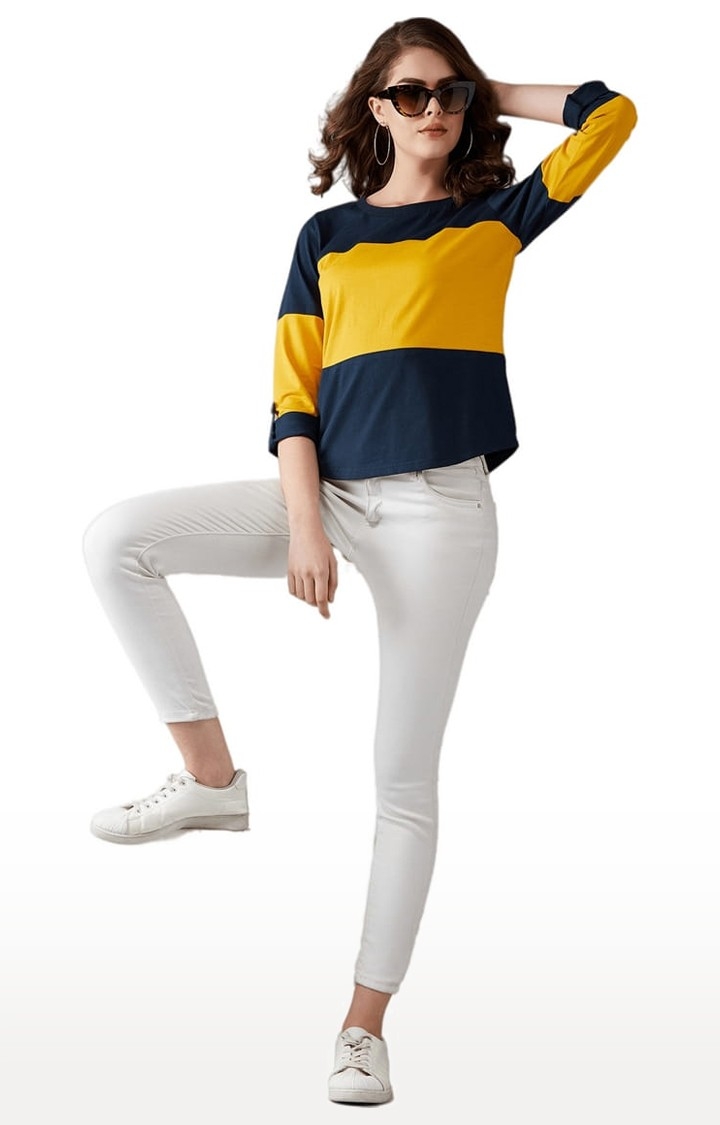 Dolce Crudo | Women's Navy Blue and Mustard Cotton Colourblock Regular T-Shirt 2
