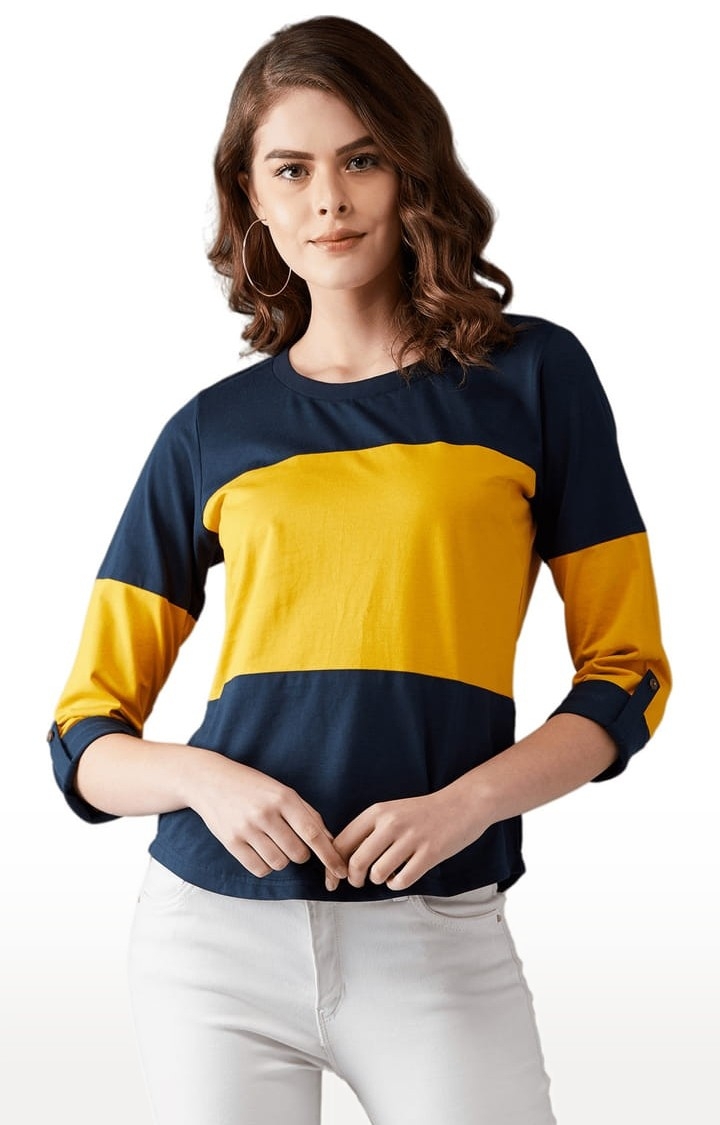 Dolce Crudo | Women's Navy Blue and Mustard Cotton Colourblock Regular T-Shirt 0