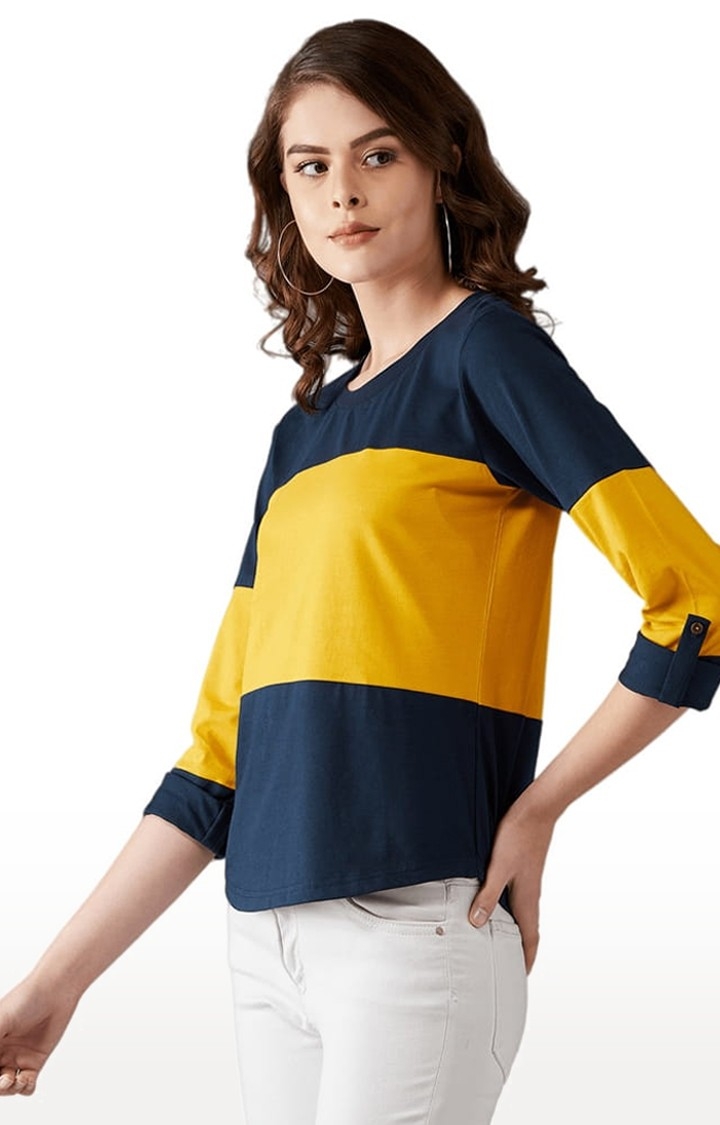 Dolce Crudo | Women's Navy Blue and Mustard Cotton Colourblock Regular T-Shirt 3