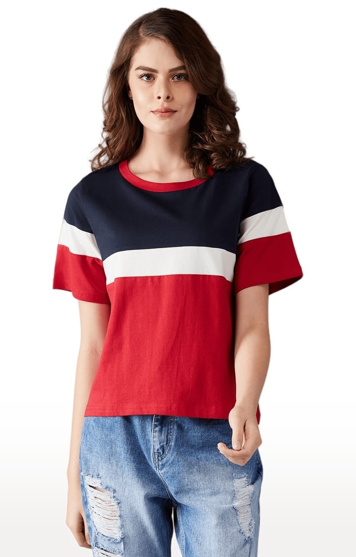 Women's Multicolor Base Red Cotton Colourblock Regular T-Shirt