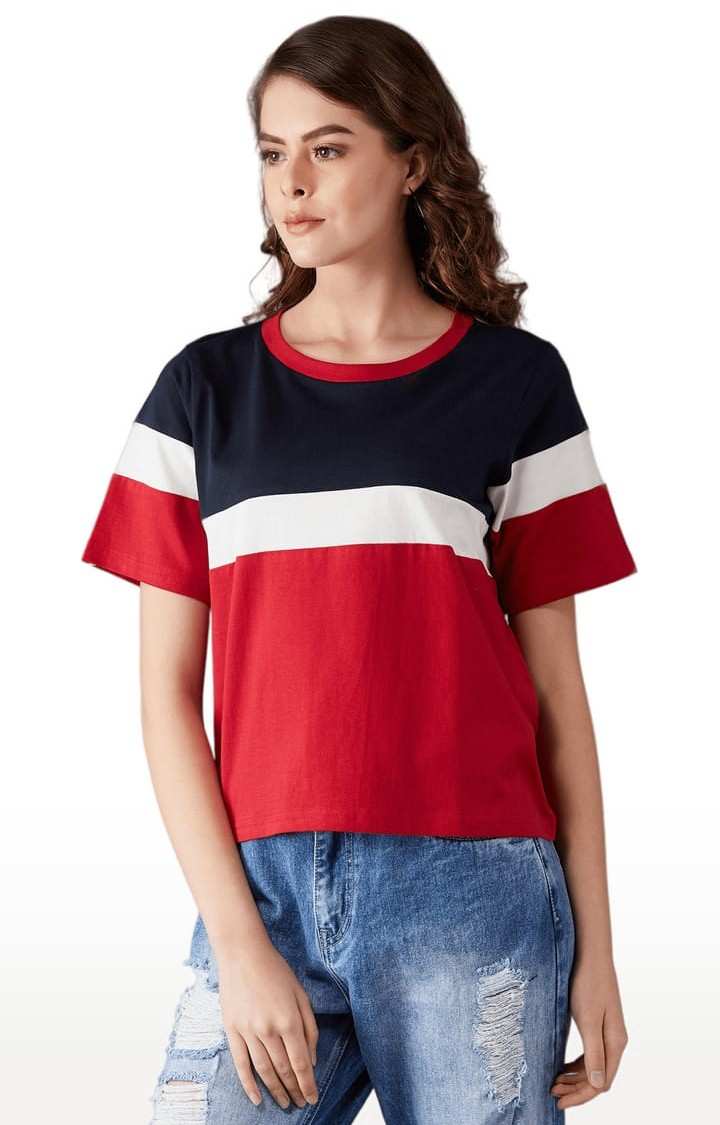 Women's Multicolor Base Red Cotton Colourblock Regular T-Shirt