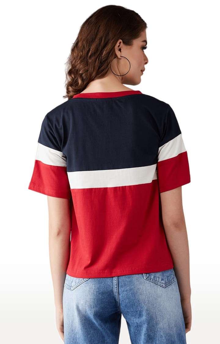 Women's Multicolor Base Red Cotton Colourblock Regular T-Shirt