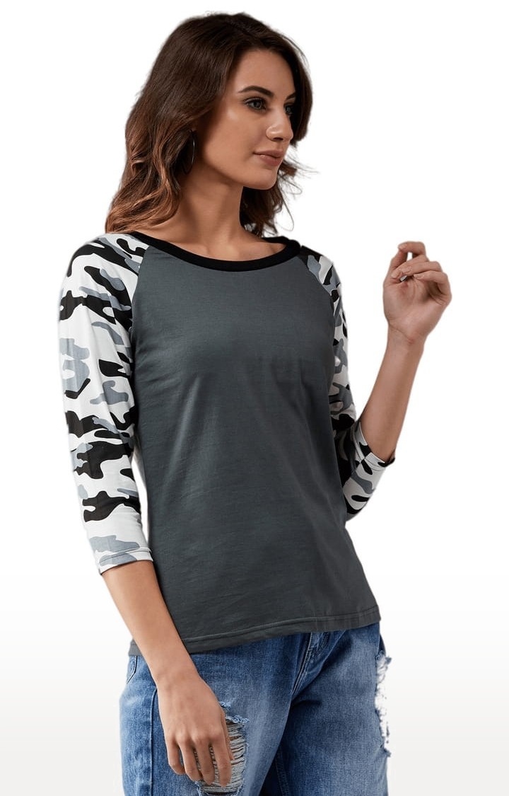 Women's Charcoal grey Cotton Camouflage Regular T-Shirt