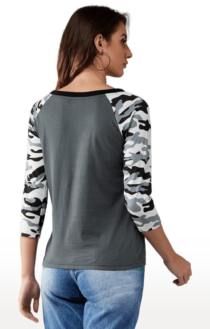 Women's Charcoal grey Cotton Camouflage Regular T-Shirt