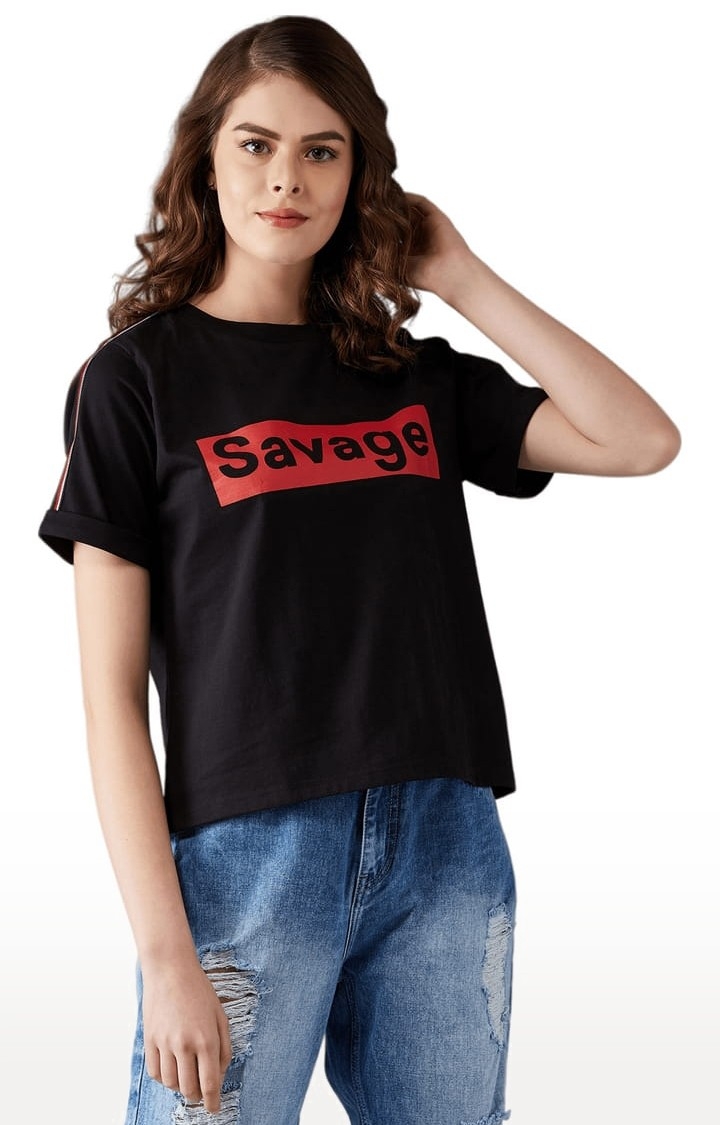 Women's Black Cotton Typographic Regular T-Shirt