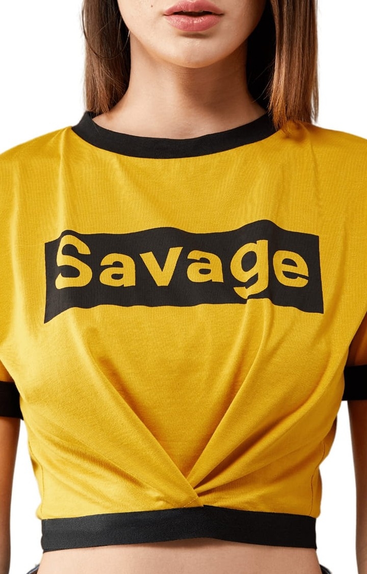 Women's Mustard and Black Cotton Typographic Regular T-Shirt