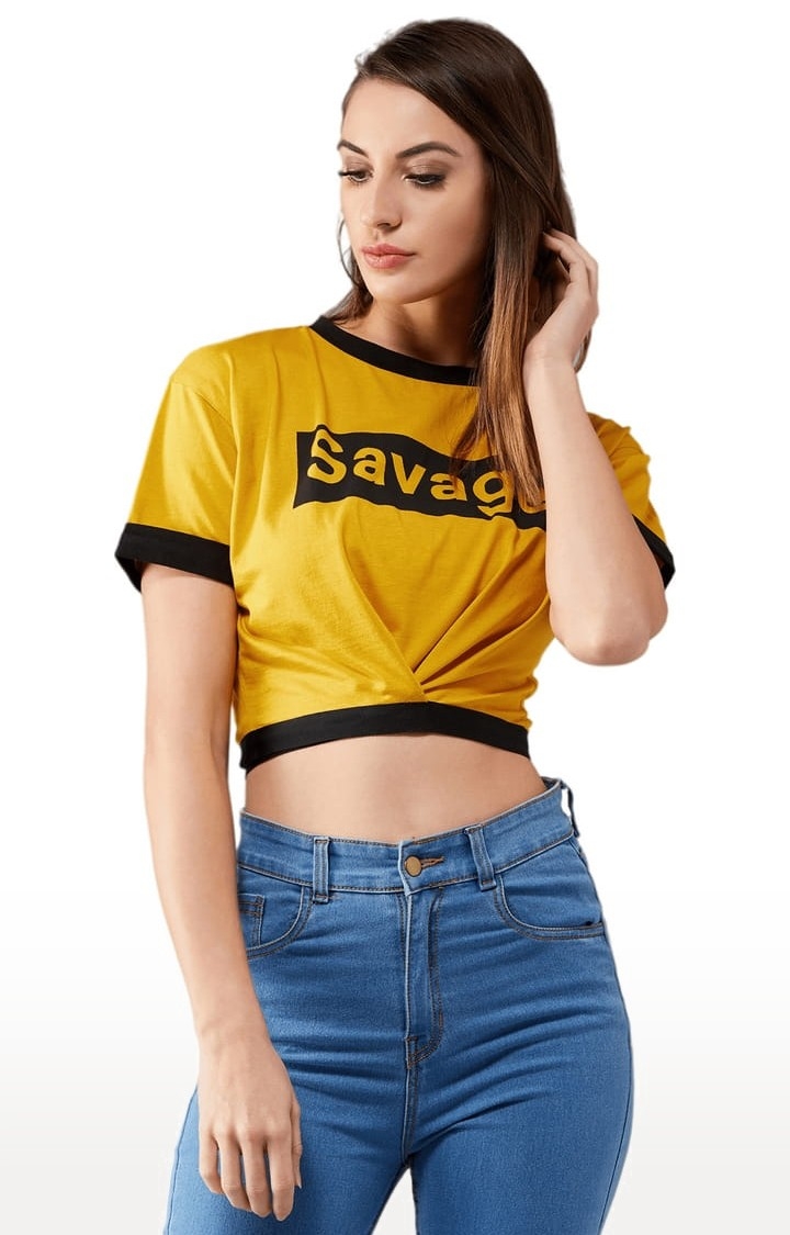 Dolce Crudo | Women's Mustard and Black Cotton Typographic Regular T-Shirt