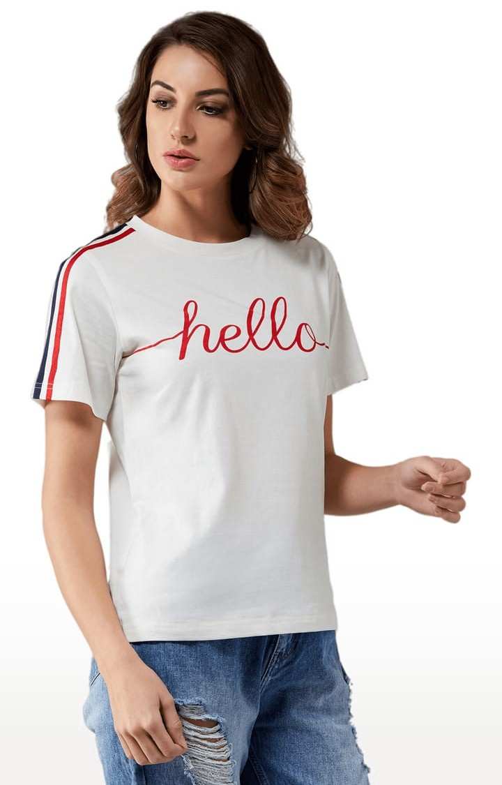 Women's White Cotton Typographic Regular T-Shirt