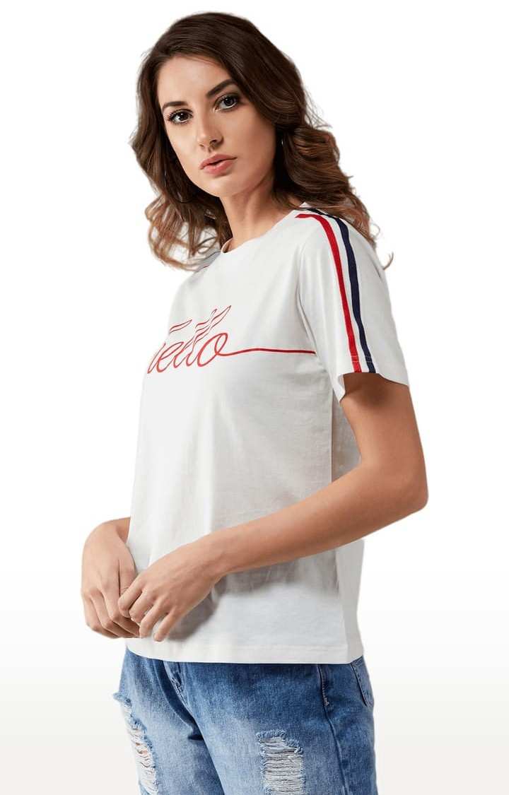 Women's White Cotton Typographic Regular T-Shirt