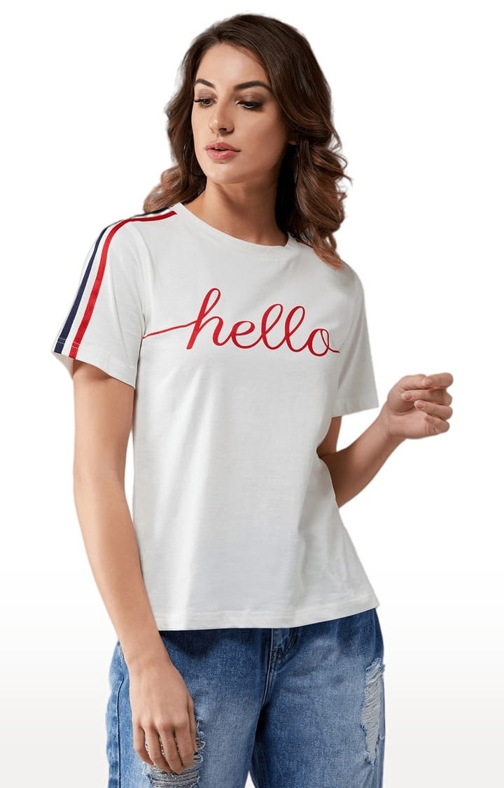 Dolce Crudo | Women's White Cotton Typographic Regular T-Shirt