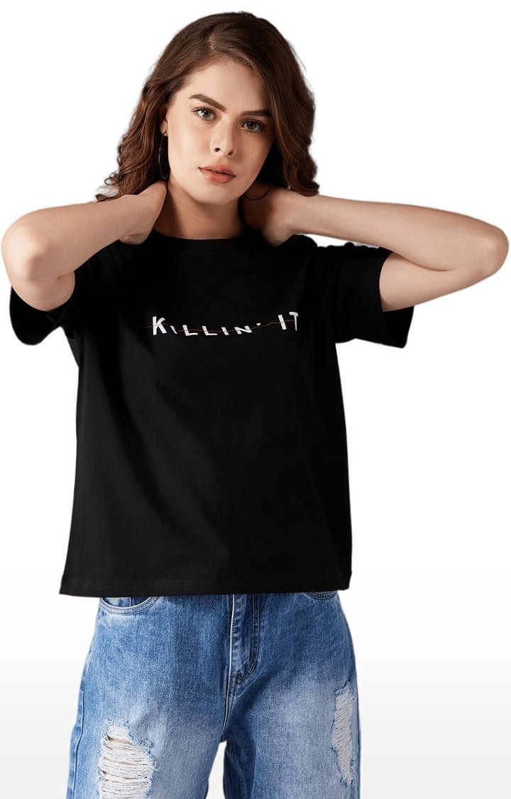 Dolce Crudo | Women's Black Cotton Typographic Regular T-Shirt