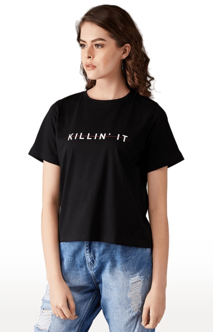 Women's Black Cotton Typographic Regular T-Shirt