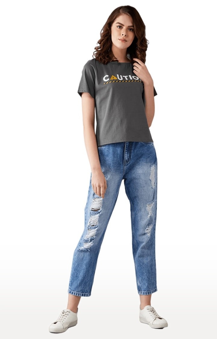 Dolce Crudo | Women's Charcoal grey Cotton Typographic Regular T-Shirt 1