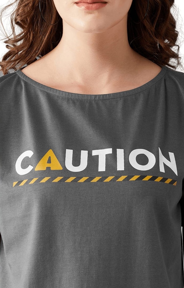 Dolce Crudo | Women's Charcoal grey Cotton Typographic Regular T-Shirt 3