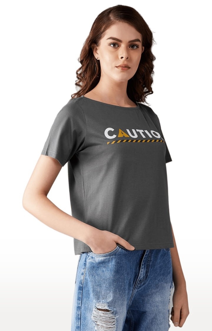 Dolce Crudo | Women's Charcoal grey Cotton Typographic Regular T-Shirt
