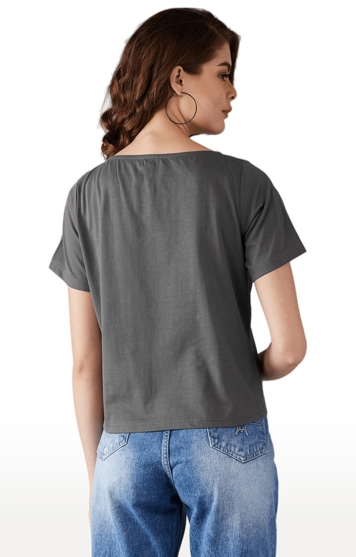 Dolce Crudo | Women's Charcoal grey Cotton Typographic Regular T-Shirt 2