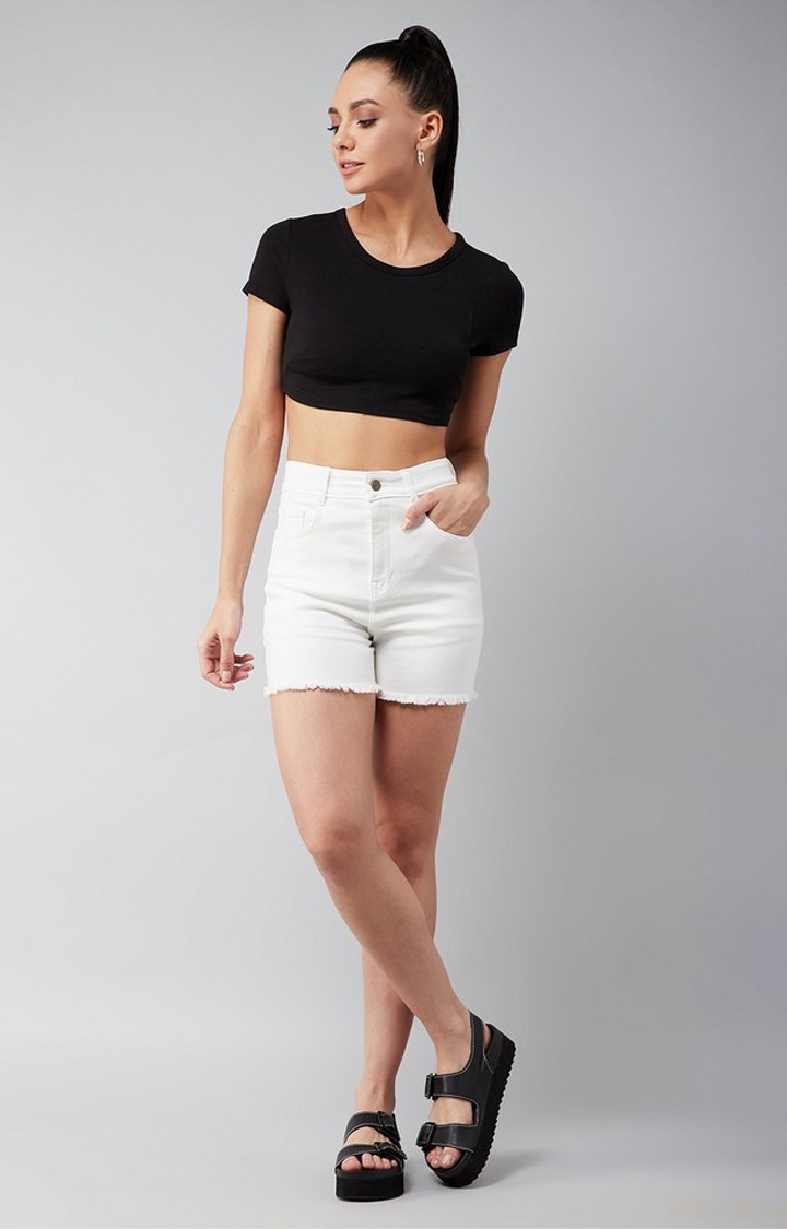 Women's White Regular High Rise Clean Look Regular Stretchable Denim Shorts