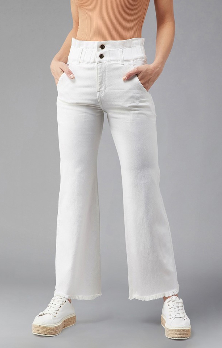 Women's White Flared High Rise Clean Look Ankle length Stretchable Denim Jeans