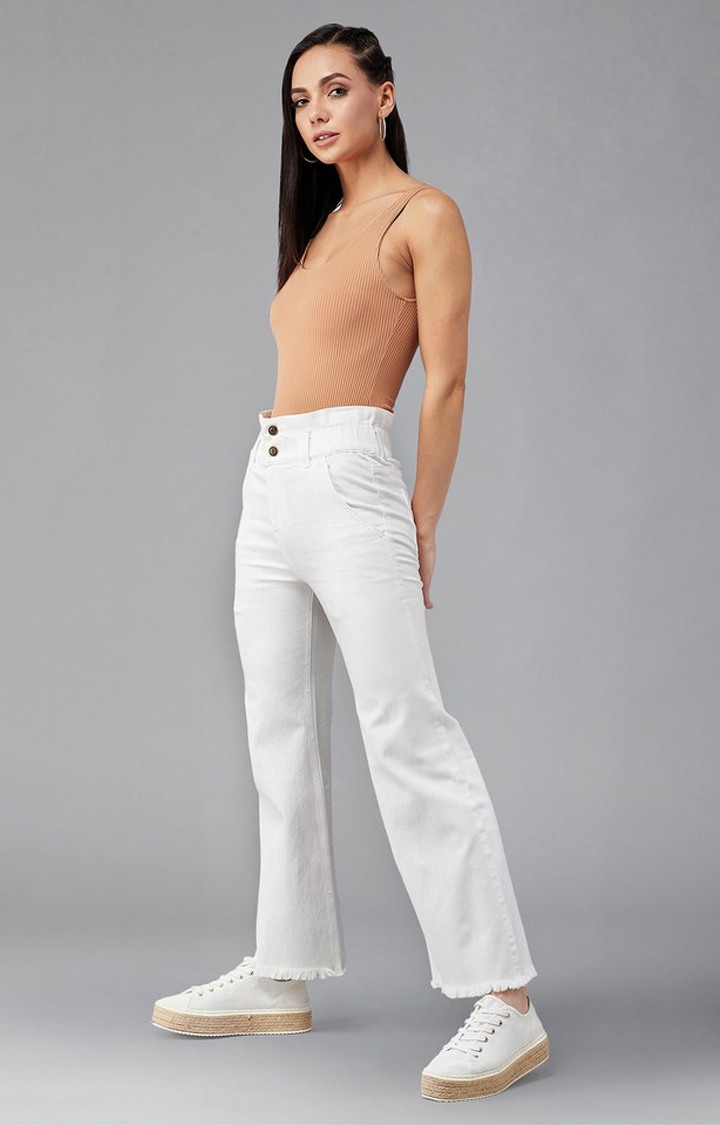 Women's White Flared High Rise Clean Look Ankle length Stretchable Denim Jeans