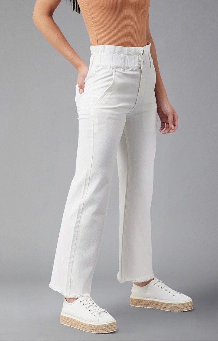 Women's White Flared High Rise Clean Look Ankle length Stretchable Denim Jeans