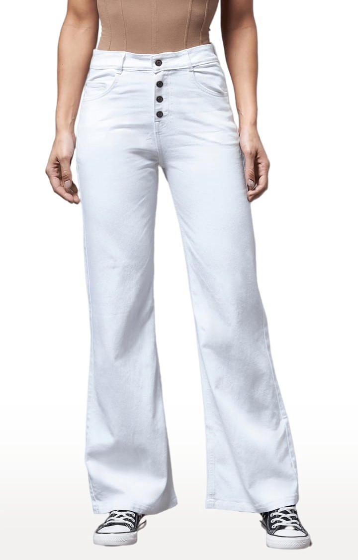 Women's White Cotton Solid Flared Jeans