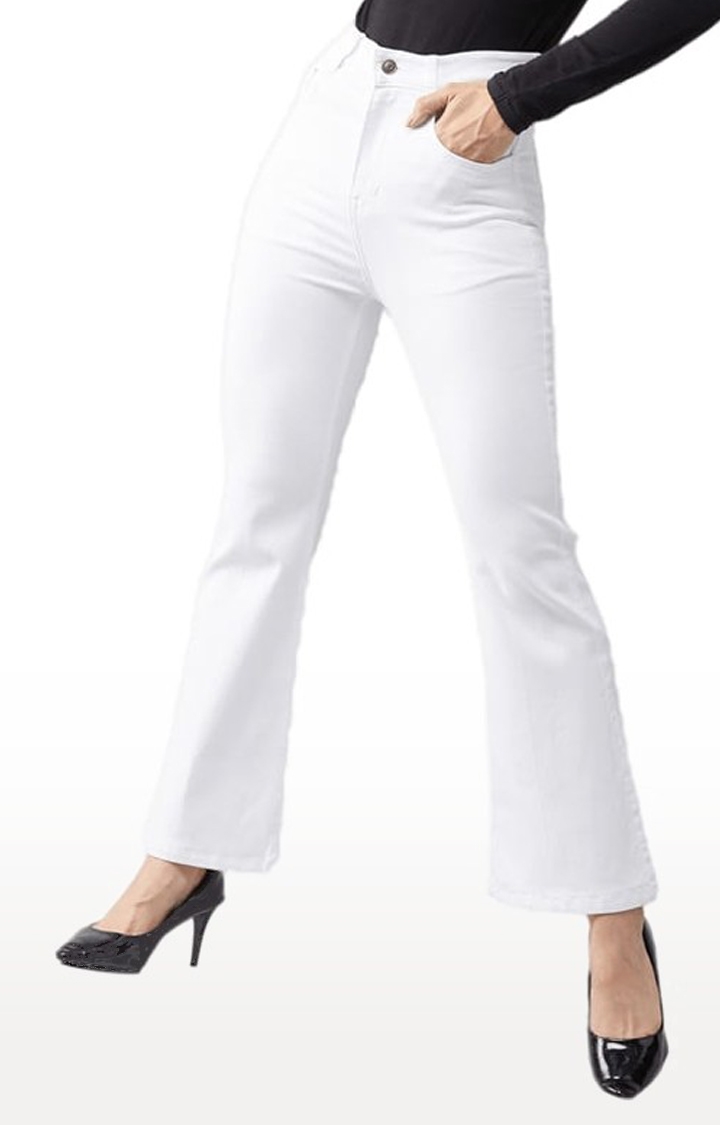 Dolce Crudo | Women's White Cotton Solid Flared Jeans 0