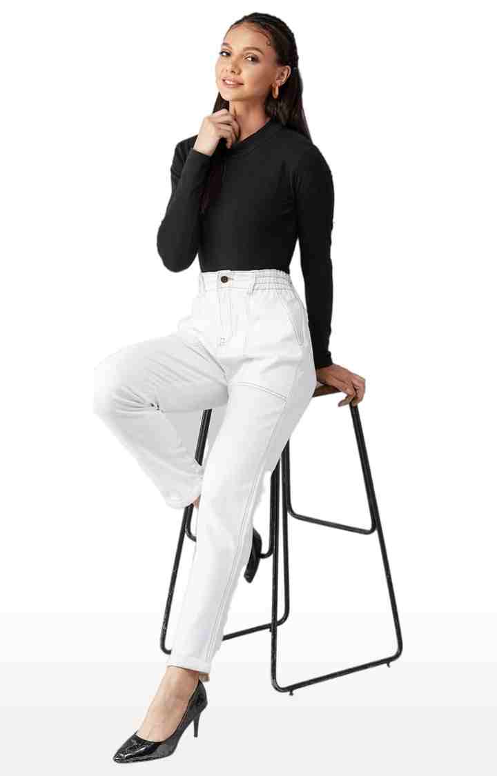 Women's White Cotton Solid Regular Jeans