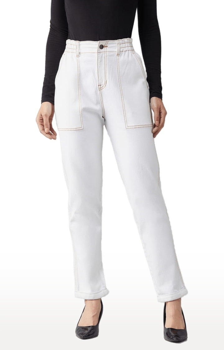 Women's White Cotton Solid Regular Jeans