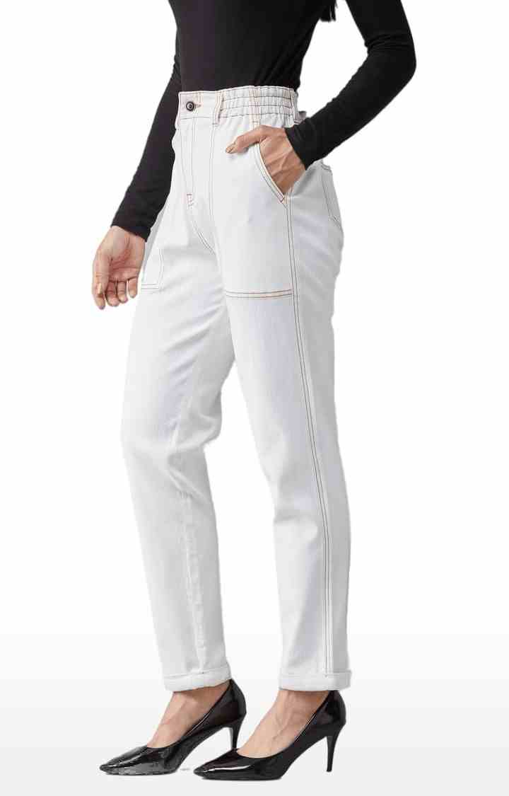 Women's White Cotton Solid Regular Jeans