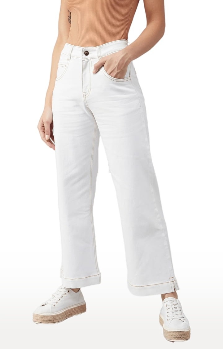 Women's White Cotton Solid Flared Jeans