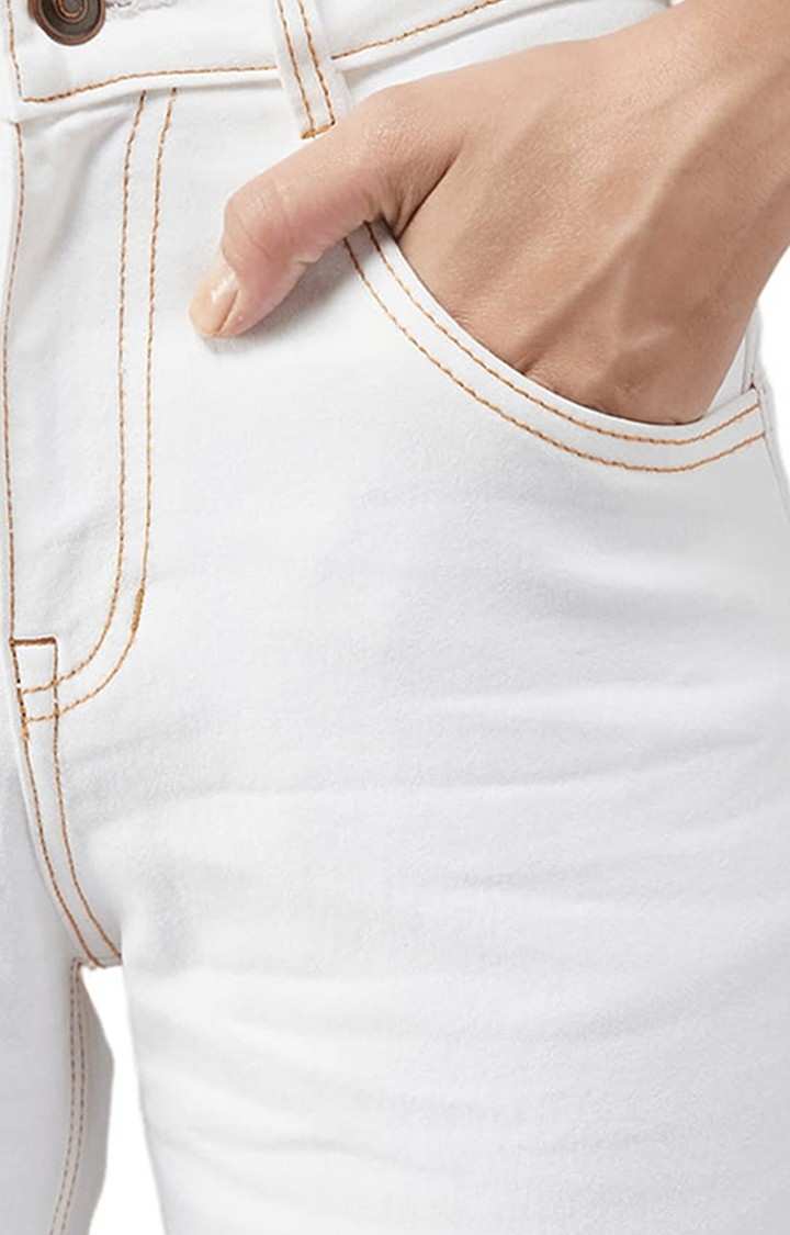 Women's White Cotton Solid Flared Jeans