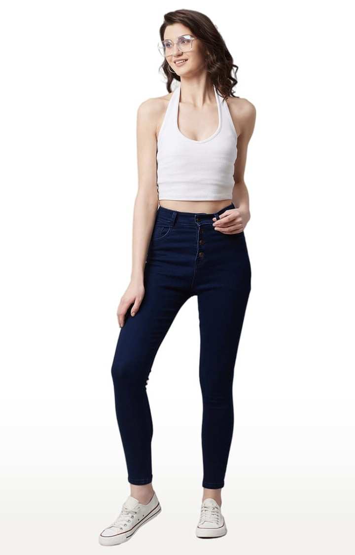 Women's Blue Cotton Solid Skinny Jeans