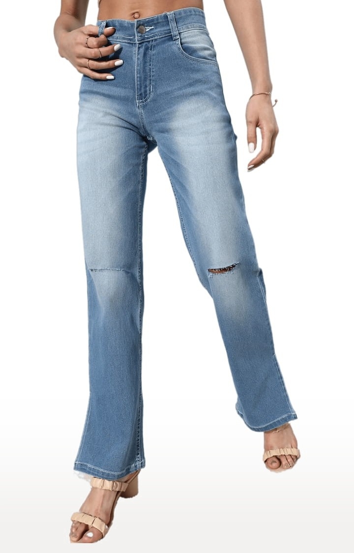 Dolce Crudo | Women's Blue Cotton Ripped Ripped Jeans